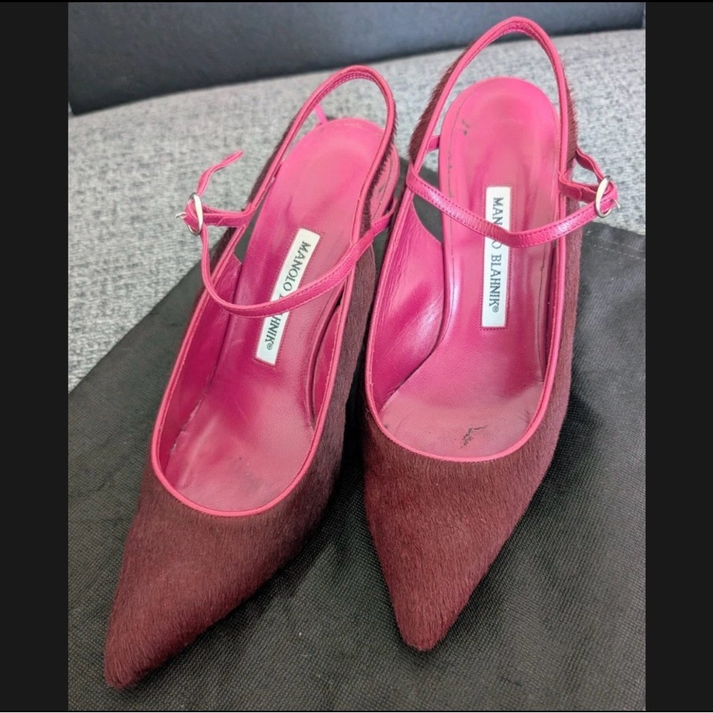 Manolo Blahnik Burgundy and Pink Slingback Heels